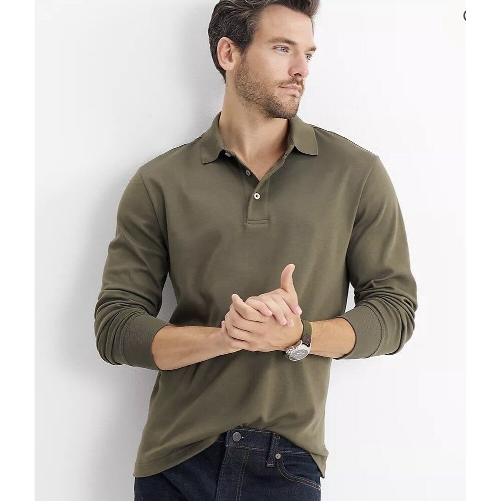 Lands End Mens L/T Forest Moss Long Sleeve Polo Shirt Supima Cotton Extra Soft